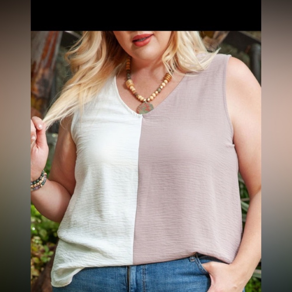 V-neck color block tank in light brown and cream. Lightweight, new in bag